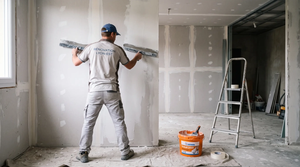 Artisan lissant un enduit intérieur à la lame sur un mur en rénovation