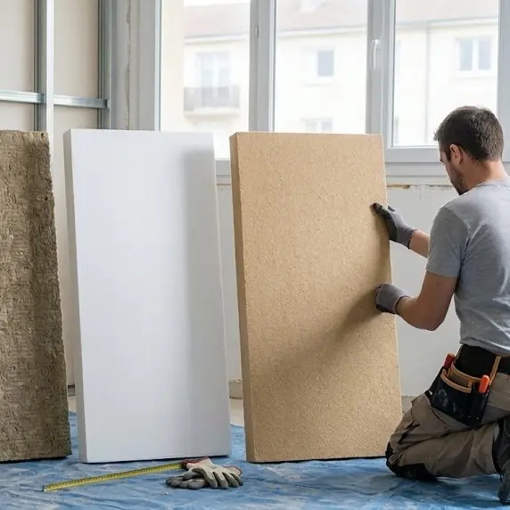 Panneaux de laine de verre, laine de roche, polystyrène et fibre de bois alignés comme isolant mur intérieur
