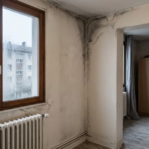 Condensation et traces d’humidité dans l’angle d’un mur froid d’appartement en hiver