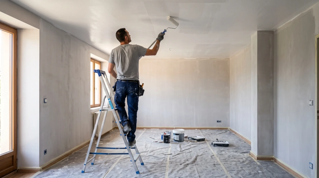 Peintre appliquant au rouleau une peinture plafond mate blanche dans un salon en rénovation