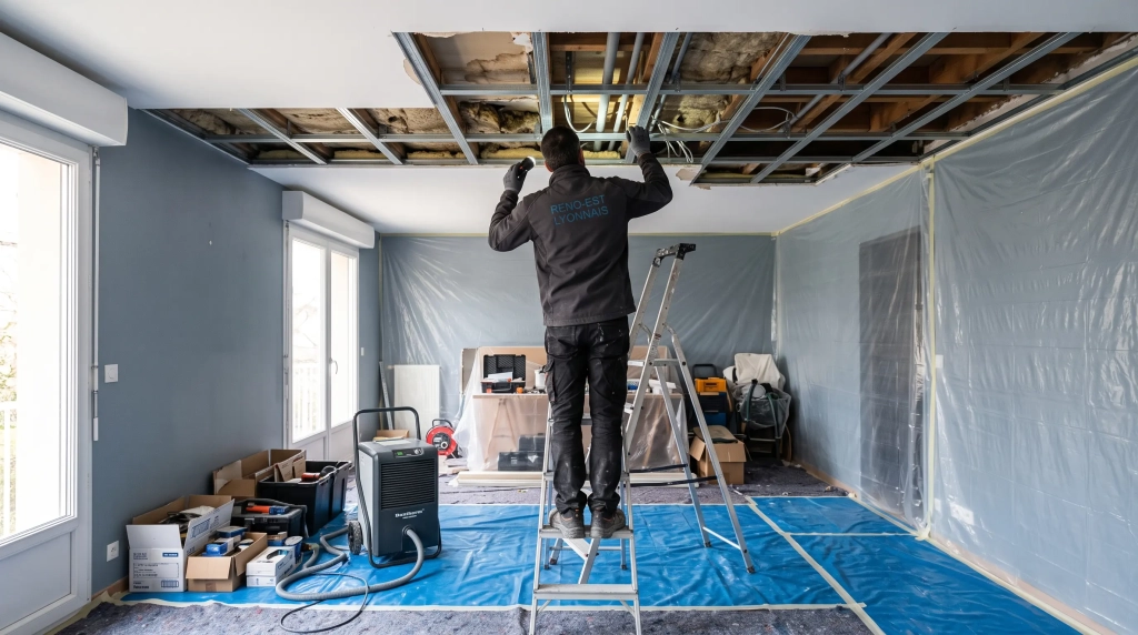 Plafond en plaques de plâtre en cours de réparation après un dégât des eaux