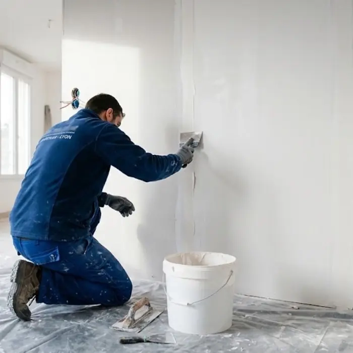 Artisan réalisant les bandes et l’enduit de finition d’un doublage placo prêt à peindre