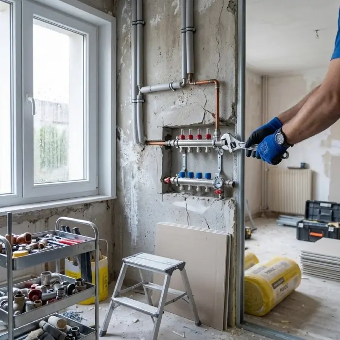 Main posée sur un mur intérieur froid avec traces de condensation avant isolation par l’intérieur