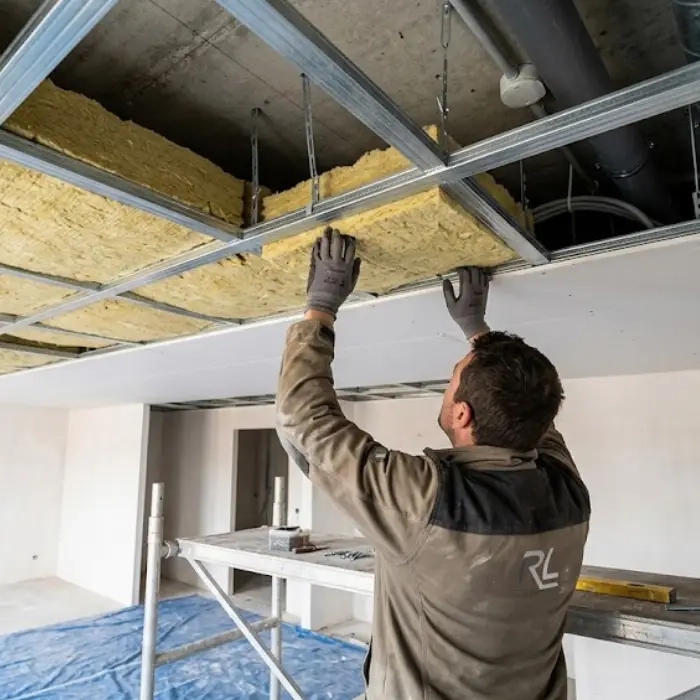Laine minérale posée au-dessus de l'ossature lors de la pose de faux plafond