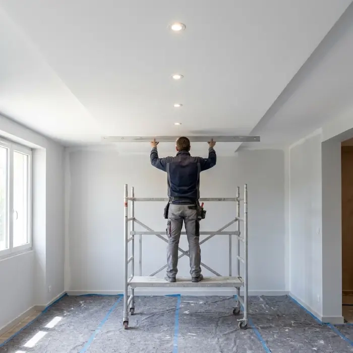 Plafond neuf avec spots encastrés après pose de faux plafond dans un séjour