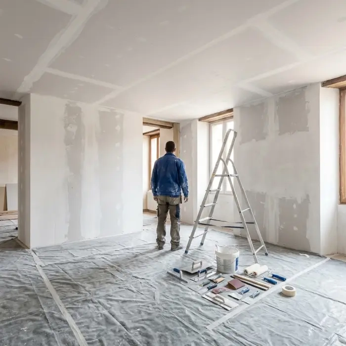 Pièce en remise en état complète avec plafond neuf après pose de faux plafond